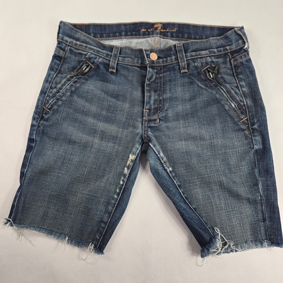 7 For All‎ Mankind Denim Bermuda Shorts Frayed Hem Pockets Blue Size 27 - Picture 1 of 12